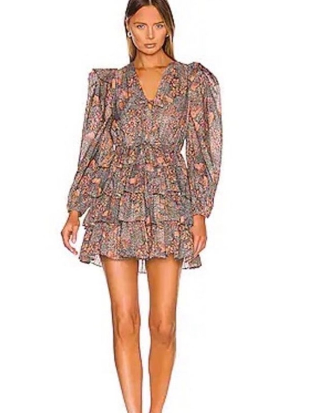 Ulla Johnson Pink Multi Floral Tiered V‑Neck Mini Dress